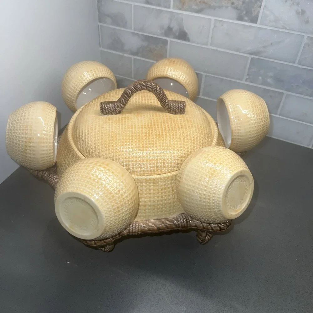 VTG Sittre Ceramics Tureen Bowl Set With Mugs Rope Pattern 1982 RARE COLOR